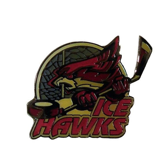 Ice Hawks Hockey Pin Lapel Hat Metal 2 in x 1.25 in Red Silver - Picture 1 of 4